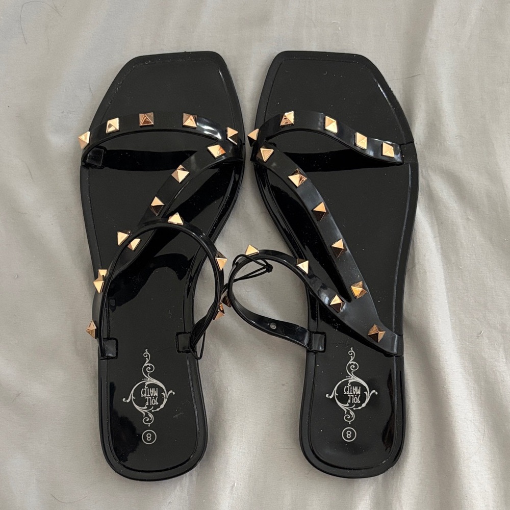 NWT Chic Black PVC Sandals with Gold Studs Sz 8